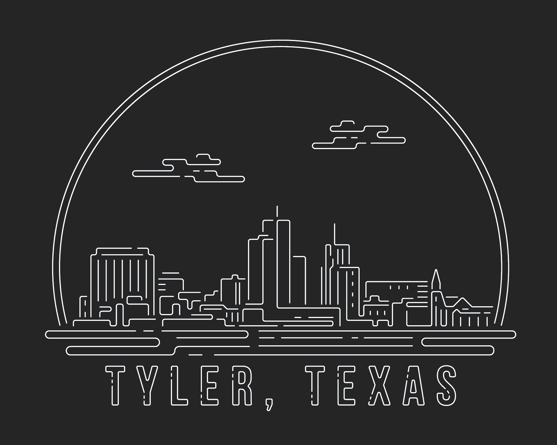 White outline of the City of Tyler Texas Downtown